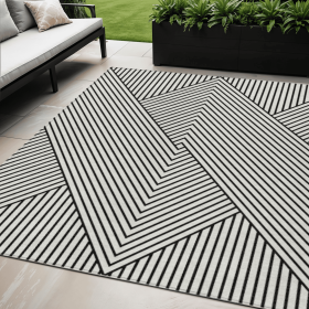 5' X 8' White And Black Geometric Washable Indoor Outdoor Area Rug