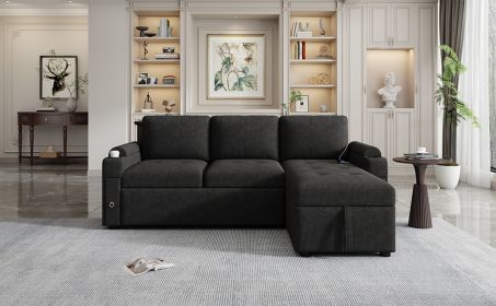 83.5" L-shaped Sofa Couch Convertible Sofa Bed Sectional Sofa with Ample Storage Space, Two Cup Holders and Two USB Ports for Living Room, Black