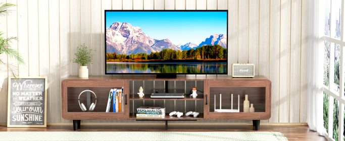 Mid Century Modern TV Stand for 55/60/65/70 Inch TV, Wood Entertainment Center with Power Outlets