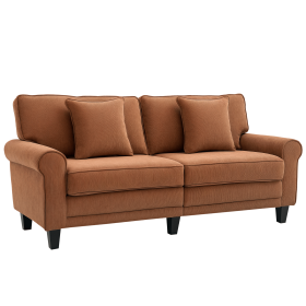 Modern 3 Seater Sofa, Corduroy Fabric 3 Seater Couch with Pine Wood Legs and Rolled Armrests for Living Room, Brown