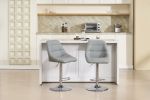 Set of 2 Bar Stools, with Chrome Footrest and Base Swivel Height Adjustable Mechanical Lifting Velvet + Bar Stool-GREY (easy to clean)