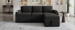 83.5" L-shaped Sofa Couch Convertible Sofa Bed Sectional Sofa with Ample Storage Space, Two Cup Holders and Two USB Ports for Living Room, Black