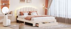 Teddy Fleece Queen Size Upholstered Platform Bed with Drawer, Beige