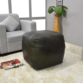 Solid Handmade Goat Leather Square Pouf (Recycled Cotton Fill) (Color: Green, size: 14x14x14)