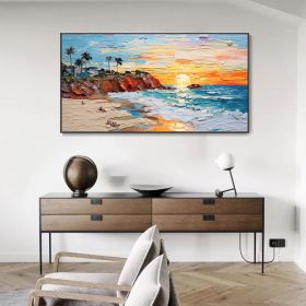 Hand Painted Oil Painting Abstract Seaside Landscape Palette Knife Art Impressionist Island Beach Scene Mural Sunrise Over Sea Artwork 3D Wall Art Per (style: 1, size: 50x100cm)