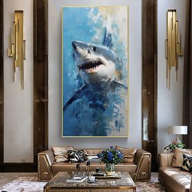 Hand Painted Oil Painting Original Shark Oil Painting on Canvas Custom Animal Painting Large Modern Wall Art Abstract Blue Ocean Art Decor Living room (style: 1, size: 60x120cm)