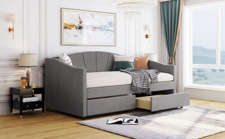 Upholstered daybed Twin Size with Two Drawers and Wood Slat Suppot (Color: Gray)