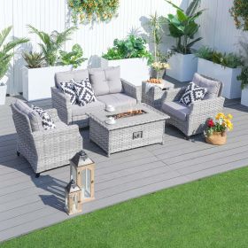 Direct Wicker Fire Pit Table With Chair Rattan Wicker Sofa Set out Door Furniture Garden Set (Color: grey)