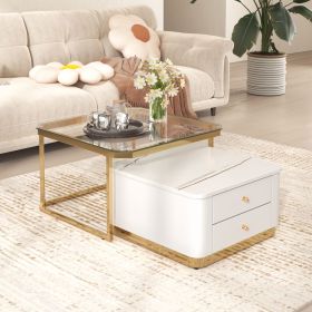 Modern 2 Pieces Square Nesting Coffee Table with Drawers & Electroplated gold legs in 27.6'' (Color: Golden+White, Material: MDF)