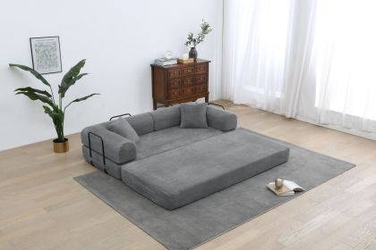 Convertible Sleeper Sofa Bed with Cylindrical Pillow, Corduroy Folding Mattress Couch with Fixed-Shape Frame (Color: Dark Gray)