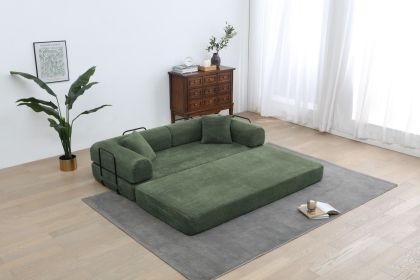 Convertible Sleeper Sofa Bed with Cylindrical Pillow, Corduroy Folding Mattress Couch with Fixed-Shape Frame (Color: Army green)