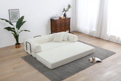 Convertible Sleeper Sofa Bed with Cylindrical Pillow, Corduroy Folding Mattress Couch with Fixed-Shape Frame (Color: Creamy white)
