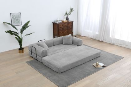 Convertible Sleeper Sofa Bed with Cylindrical Pillow, Corduroy Folding Mattress Couch with Fixed-Shape Frame (Color: Light Gray)